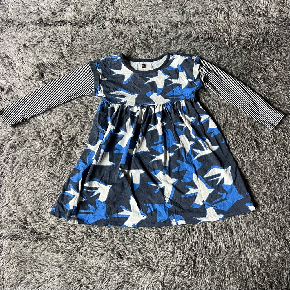 Tea Collection layered long sleeve dress bird print and stripes